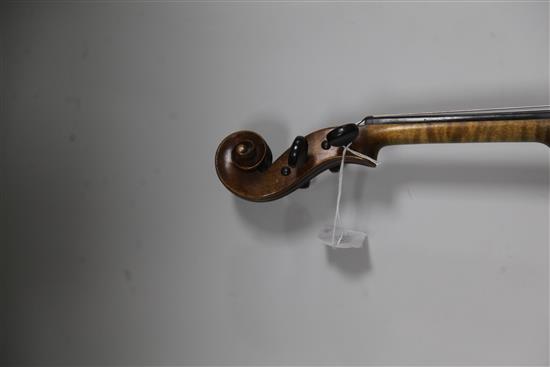 A violin stamped Thompsons London, length of back 35.2cm, cased